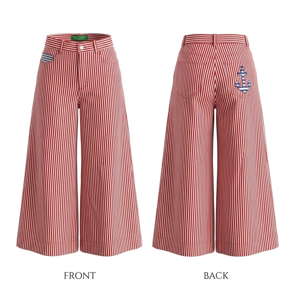 VTG Benetton Pants 80s NWOT Made in Italy Nautical Red White Stripe Anchor US 4